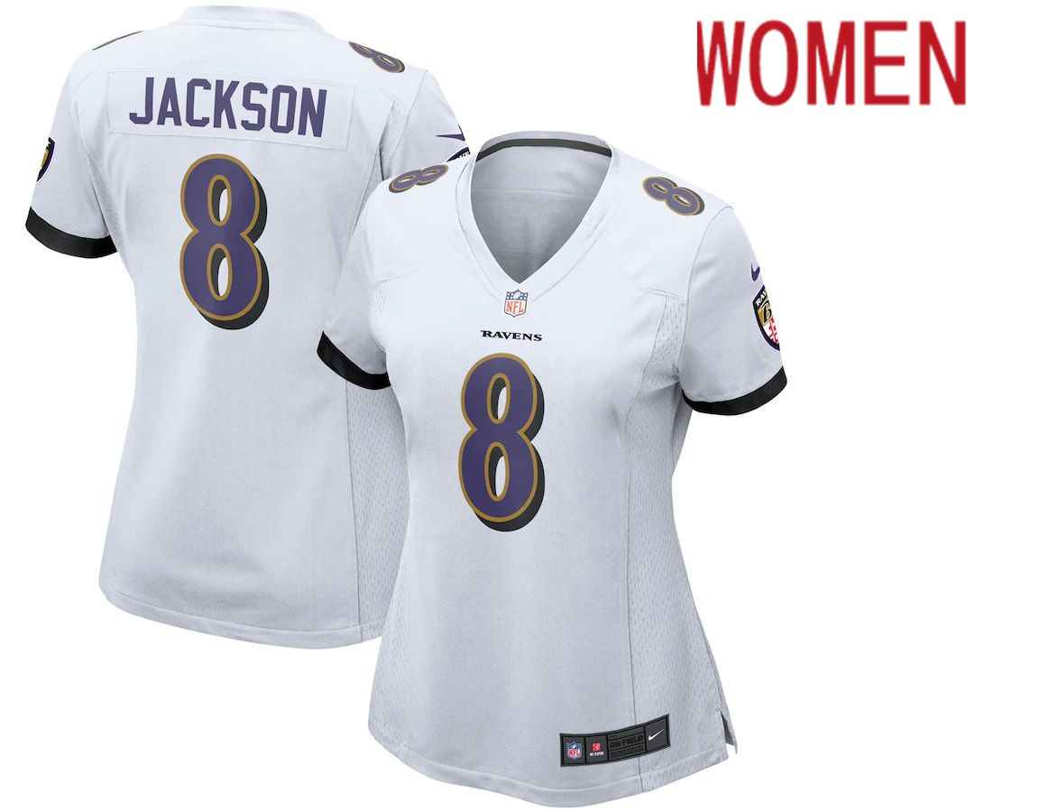 Women Baltimore Ravens 8 Lamar Jackson Nike White Game NFL Jersey